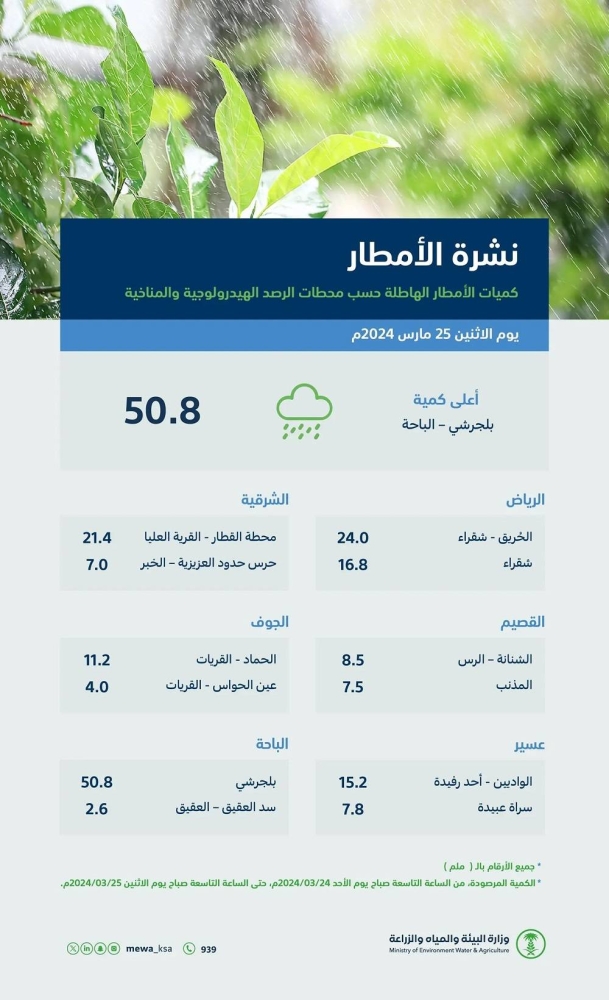 «البيئة»: 10 مناطق تستقبل هطول الأمطار في 69 محطة.. والباحة تتصدر بـ50.8 ملم