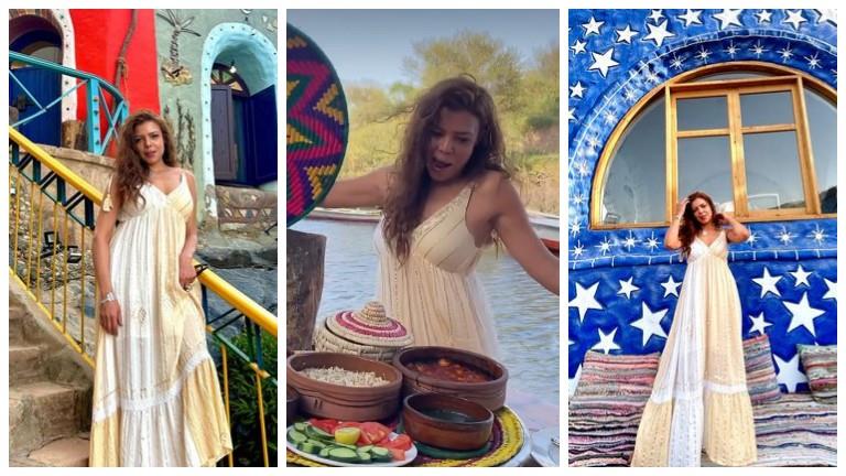 ناهد السباعي تستمتع بوقتها بأحد البيوت النوبية في أسوان