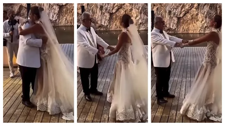 رقص أمينة خليل مع والدها بزفافها على أغنية “بنت أبويا” في اليونان