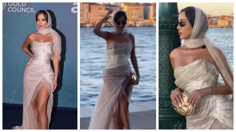 حجاب وفستان مكشوف.. بسمة بوسيل بإطلالة غريبة في مهرجان فينسيا