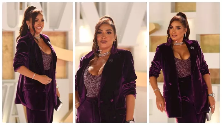 بدلة قطيفة جريئة.. روجينا تتألق في الجونة السينمائي