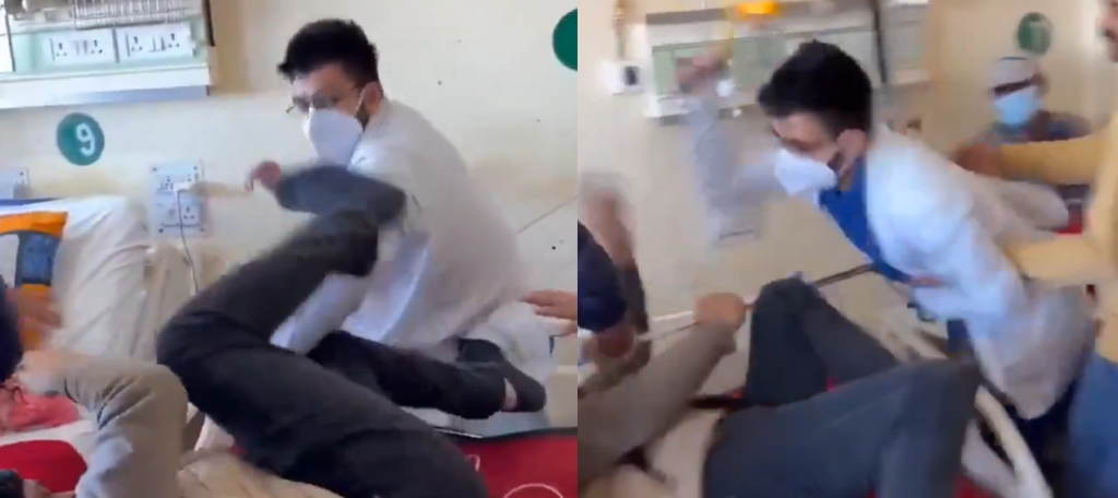 غرفة مستشفى تتحول إلى حلبة مصارعة بين طبيب ومريض في لقطات صادمة! (فيديو)